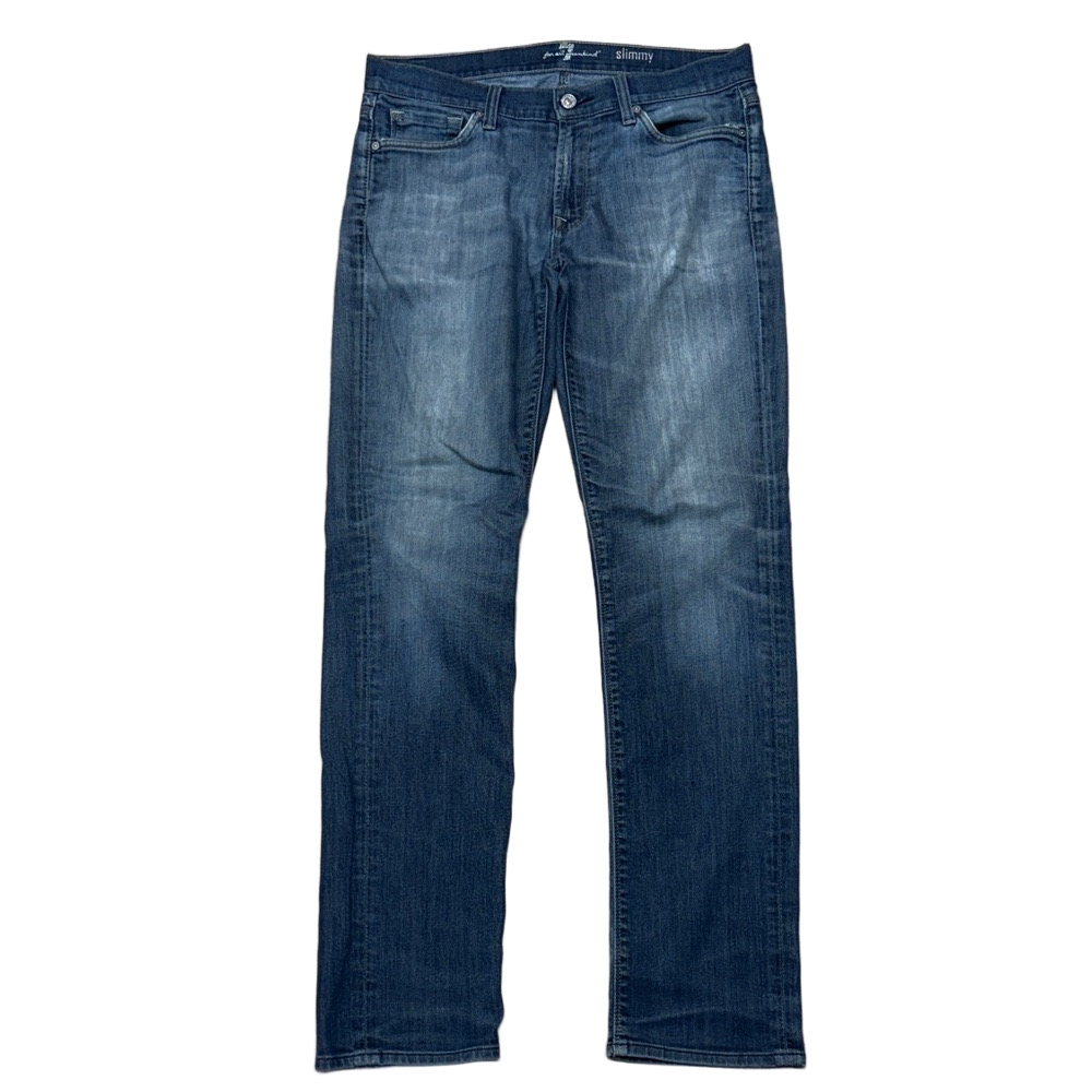 7 For All Mankind Blue SKinny Jeans with Distressed Faded Wash Comfy Stretch